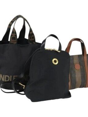 FENDI Celine Hand Bag Nylon 3 Set Black Brown Auth bs32598